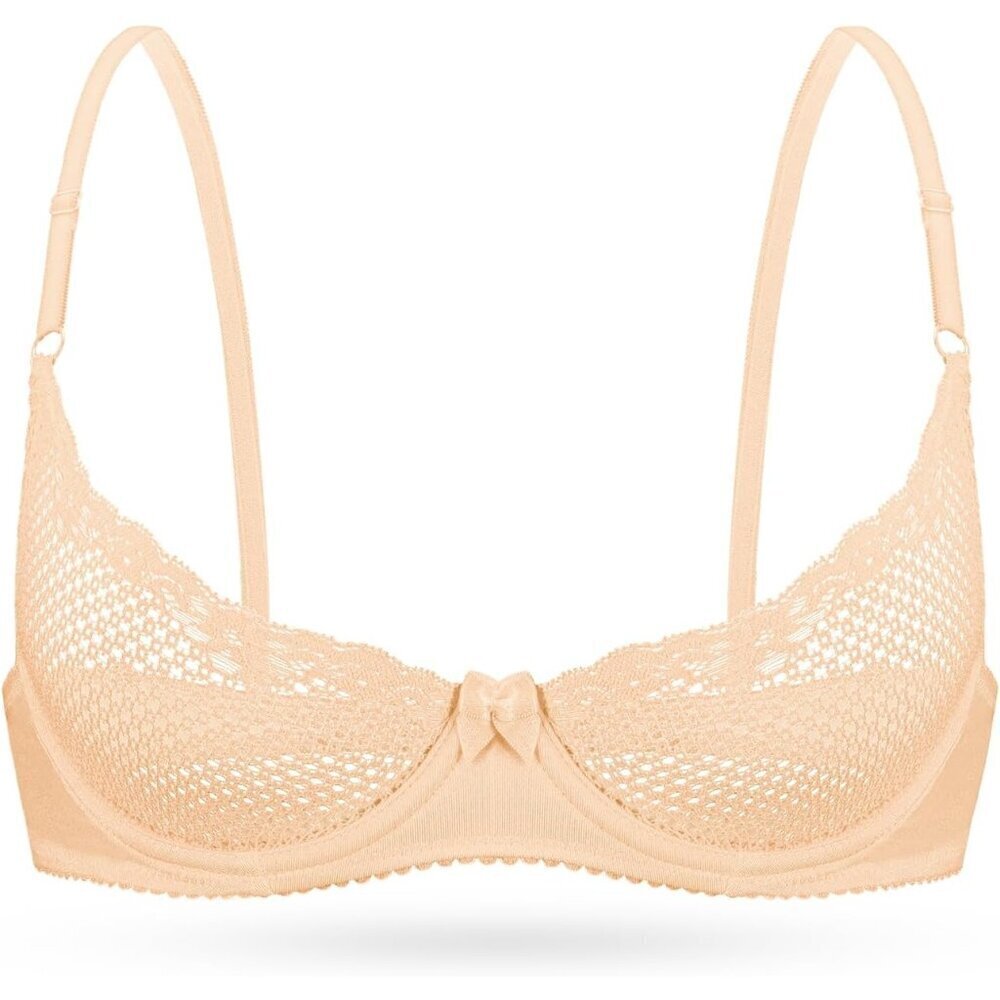 🆕 Women Cream Sexy Lace Cup Bra Balconette Mesh Underwired Demi Shelf Bralette
